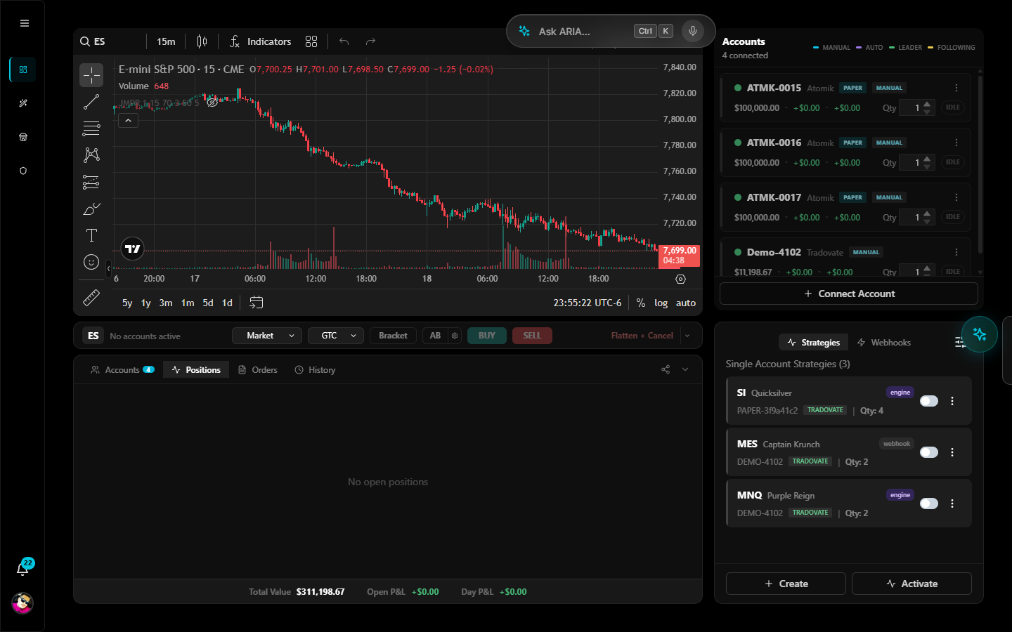 The Atomik dashboard: chart, trading panel, accounts and strategies