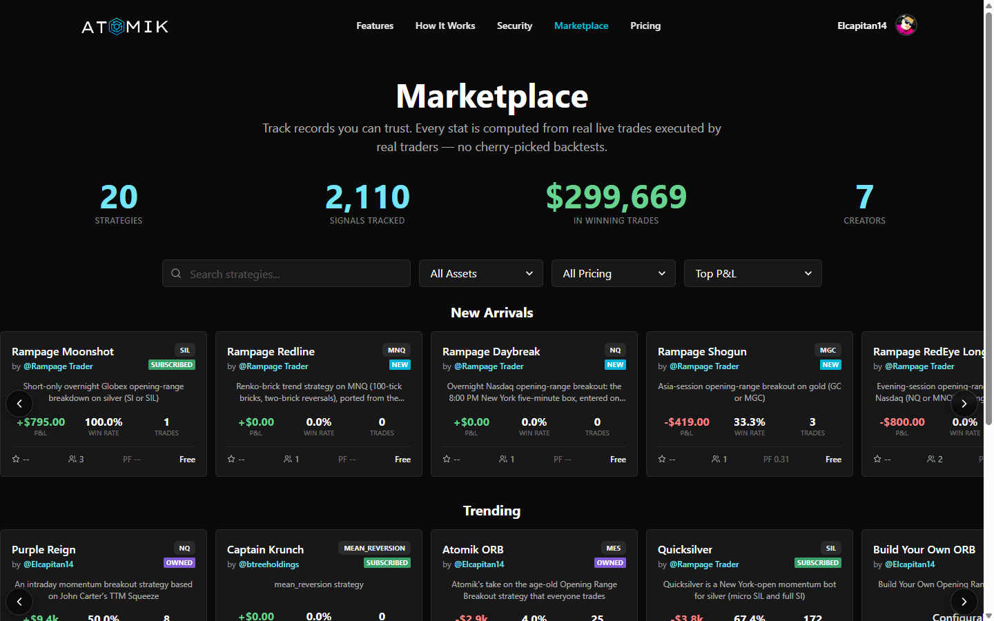 The Atomik marketplace: live-verified strategy track records