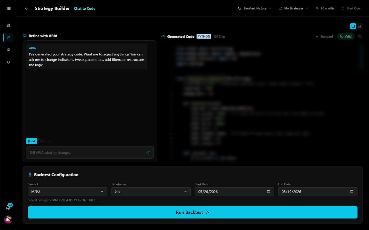 The Strategy Builder: ARIA chat, generated code, backtest configuration